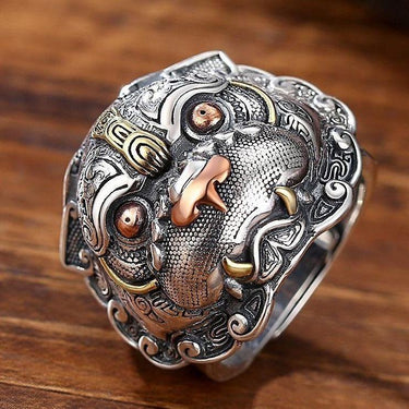 THAI SILVER Two Tone Ancient Tiger 'FIERCE' Ring & Necklace